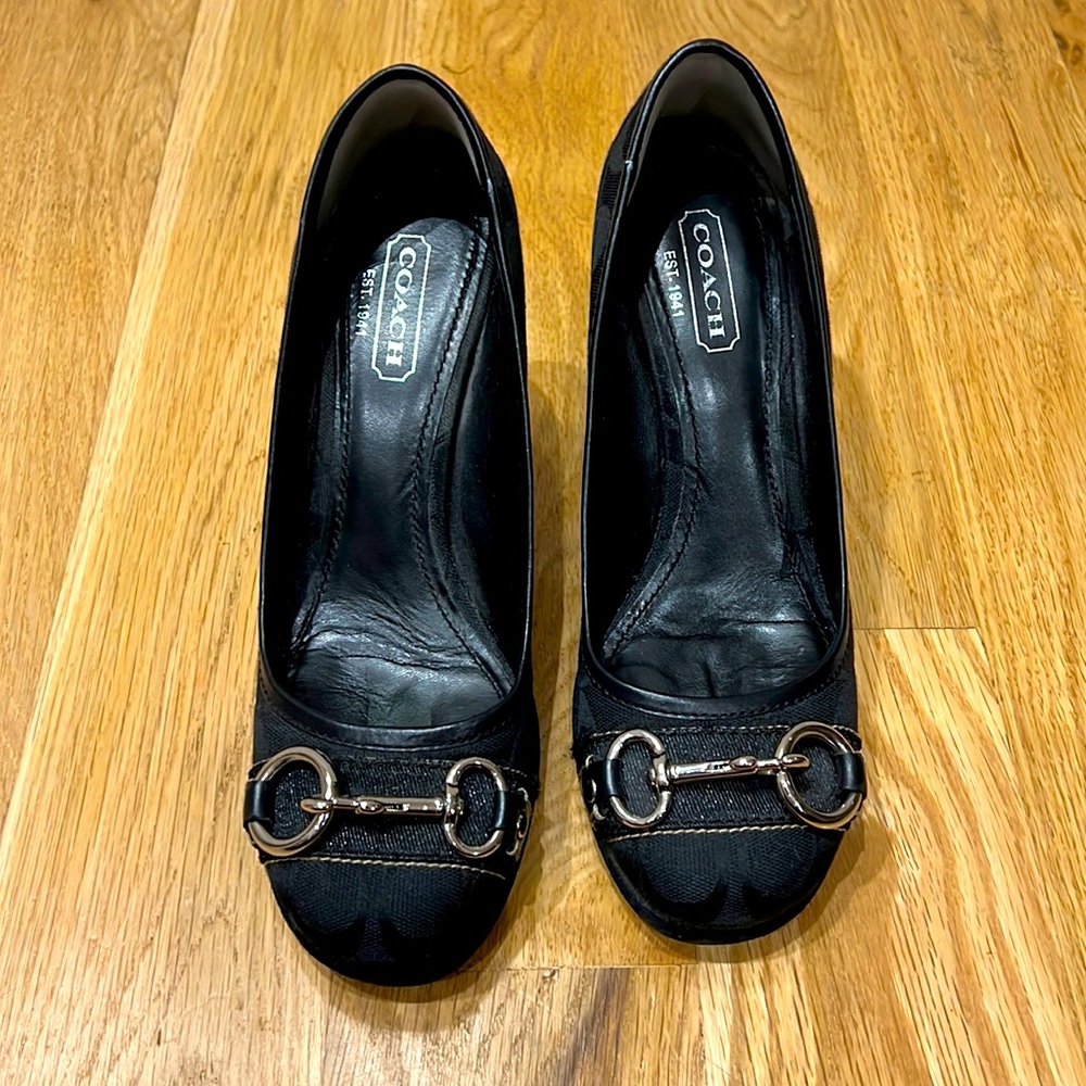 Coach Kerryann Signature Black Jacquard Black Wedge Heels.